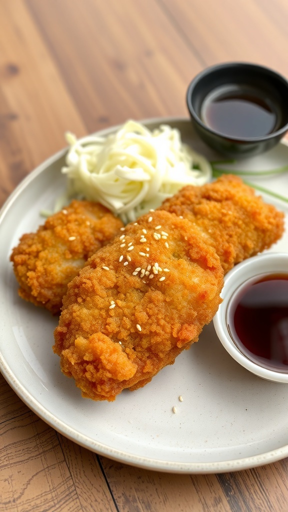 Crispy air fryer pork tonkatsu with tonkatsu sauce and shredded cabbage on a plate.